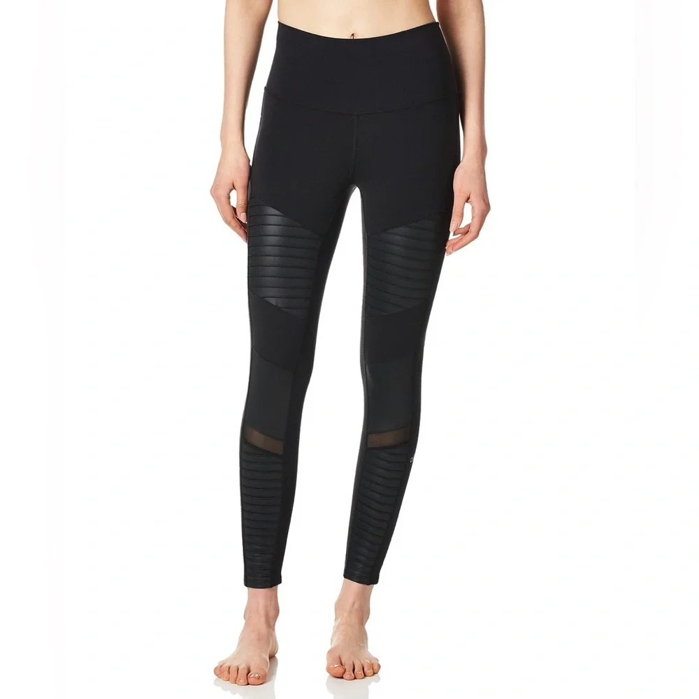 Alo Yoga 7/8 High Waist Moto Mesh Ribbed Panel Black Leggings Size XS